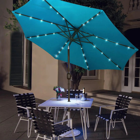 9 Foot Solar LED Patio Umbrella With Tilt And Crank 32 LED Lights To Light Up Nights Outdoor Market Style Shade For Garden Deck Backyard Pool And Beach