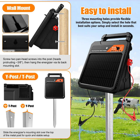 Grab-And-Go Portable Solar Fence Energizer With 10 Mile Range, 0.16J Output, Auto Night Mode, Three Mount Holes Displayed
