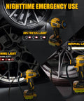 Cordless Tire Inflator With 160 PSI LCD Gauge showing emergency lights by car wheel