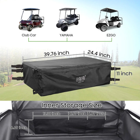 Product diagram showing Rear Bench Golf Cart Storage Bag For 2 Plus 2 Or 4 Passenger Carts 800D PVC Dustproof Organizer