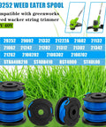 Replacement Spool For Weed Eater String 0.065 Inch 16 Ft Auto Feed Line For Cordless Trimmers Compatible With Greenworks 24V Models Includes 10 Spools And 2 Caps Easy Install shown with spools and caps on grass.