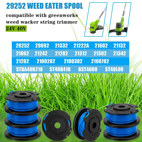 Replacement Spool For Weed Eater String 0.065 Inch 16 Ft Auto Feed Line For Cordless Trimmers Compatible With Greenworks 24V Models Includes 10 Spools And 2 Caps Easy Install shown with spools and caps on grass.