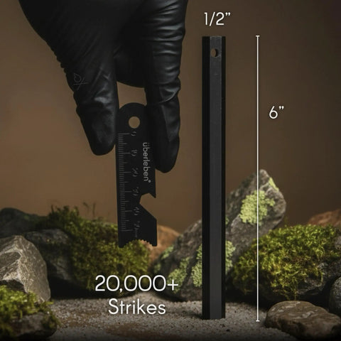 Hexå Go To Ferro Rod Fire Starter Survival Tool For 6 Inch Long Hexagon Fire Steel With Multi Tool Striker And Lanyard, shown with measurements