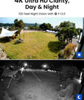 Day and night view from 8 Channel 4K PoE Security Camera System With 6 Outdoor Bullet Cameras, Smart Person And Vehicle Detection.