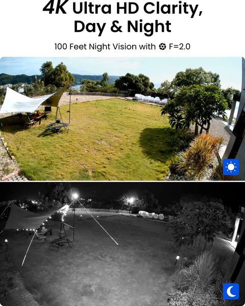 Day and night view from 8 Channel 4K PoE Security Camera System With 6 Outdoor Bullet Cameras, Smart Person And Vehicle Detection.