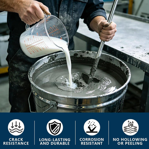 Heavy Duty Polymer Cement Concrete Waterproof Coating Stops Leaks Cold On Roofs And Basements Fast Drying crack-resistant formula being mixed in a bucket.