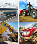 AtomLube All Purpose Grease 2-pack; collage of vehicles: boat on trailer, red tractor, mining dump truck, red pickup
