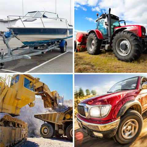 AtomLube All Purpose Grease 2-pack; collage of vehicles: boat on trailer, red tractor, mining dump truck, red pickup