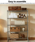 Heavy Duty Five Tier Rolling Wire Shelving Rack Built Tough For Garage Use With Smooth Gliding Casters And Fully Adjustable Heights to store blankets, towels, and boxes.