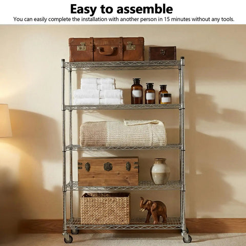 Heavy Duty Five Tier Rolling Wire Shelving Rack Built Tough For Garage Use With Smooth Gliding Casters And Fully Adjustable Heights to store blankets, towels, and boxes.