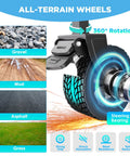 Close-up of wheel showing 360° rotation and all-terrain capability on gravel, mud, asphalt, and grass for the Beast Of A Foldable Wagon Cart With Brakes And All Terrain Wheels, 560 Lbs Capacity, Collapsible Beach, Camping And Garden Wagon For Outdoor Trips, Sports And More, Built With 600D Oxford Fabric And PVC Coating.