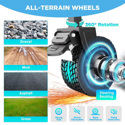Close-up of wheel showing 360° rotation and all-terrain capability on gravel, mud, asphalt, and grass for the Beast Of A Foldable Wagon Cart With Brakes And All Terrain Wheels, 560 Lbs Capacity, Collapsible Beach, Camping And Garden Wagon For Outdoor Trips, Sports And More, Built With 600D Oxford Fabric And PVC Coating.