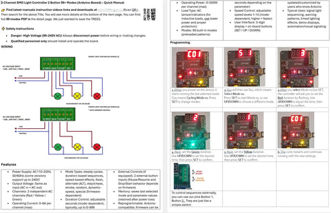 Diagram and setup instructions for Plug And Play Light Sequencer Controller With External Start Stop And Pause Resume Pins, 110-240VAC, 99 Plus Modes, 0-999s Timer, Memory Save, LED Light Show, Arduino Compatible Chaser Driver For DIY Projects with wiring and operational guides.