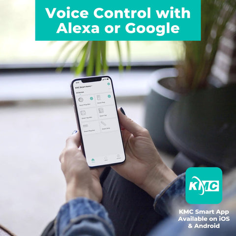 Person using smartphone app to control Smart Tap Mini 2-Pack 4-Outlet Wall Mounted Plug Adapter with Alexa and Google Assistant