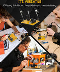 Helping Hands Soldering Station With 2 Way Magnetic PCB Holder Clamps in use for hands free PCB repair and electronics projects.