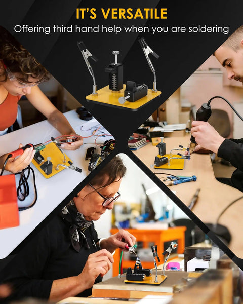 Helping Hands Soldering Station With 2 Way Magnetic PCB Holder Clamps in use for hands free PCB repair and electronics projects.