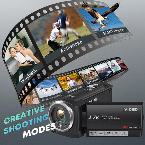 Legit Pro Qhd Camcorder Featuring 2.7K Video And 50 MP Photos 16X Digital Zoom Built In Led Fill Light For Youtubers Shooting Sick Family Moments And Sports Clips Dope Camera Totally Crushes Low Light Vibes showcasing shooting modes and camera features.
