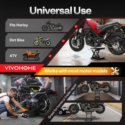 Heavy Duty Steel Motorcycle Lift Jack With Broad Scissor Hoist Stand Elevates Up To 1100 Lbs Smoothly Rises From 3.5 To 14.5 Inches For Rock Solid Garage Work Dead Simple Oil Changes And No Sweat Tune Ups On Any Ride