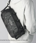All Weather Bicycle Handlebar Bag With Dual Sided Opening And Folded Closure as a shoulder backpack on person