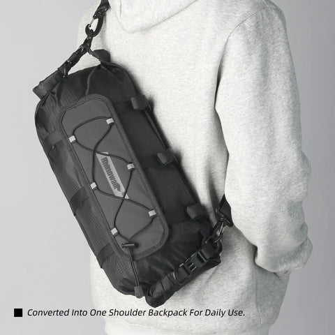 All Weather Bicycle Handlebar Bag With Dual Sided Opening And Folded Closure as a shoulder backpack on person
