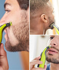 Men using OneBlade Hybrid Electric Trimmer And Shaver With Dual Cut Technology Cordless Portable And Maintenance Free No Oil Needed Designed For Face And Body Grooming QP2520 on beards