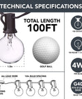 Technical specifications of 100 Ft Clear Globe G40 Outdoor String Lights on Black Cord with Bendable Easy Install Bulbs.