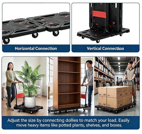 Heavy Duty Foldable Platform Cart Push Dolly Built Tough For Moving Heavy Loads Portable Black Push Cart With Smooth Roll Wheels Ideal For Home Garage Warehouse And Job Sites, horizontal and vertical connection