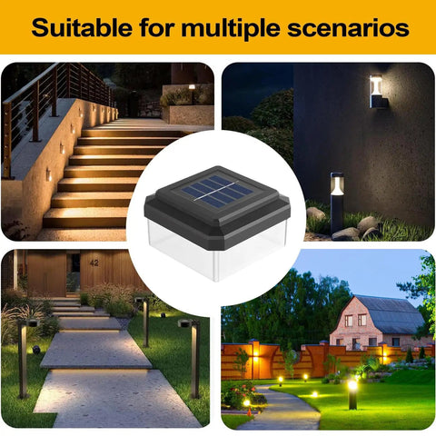 Weather Proof Fence Post Solar Lights For Backyard And Driveway Lines positioned in multiple outdoor scenes for ambiance.