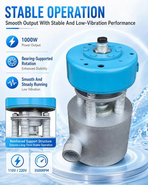 Portable Micro Hydroelectric Generator 1000W Off Grid Power 110V/220V Aluminum Alloy Water Turbine System features