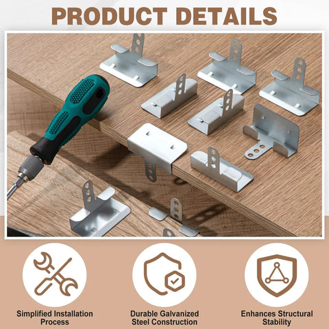 50 Pack Of 1/2 Inch Drywall Corner Repair Clips Featuring Top Shelf Wall Backup Fasteners For Studs arranged on wood with screwdriver.