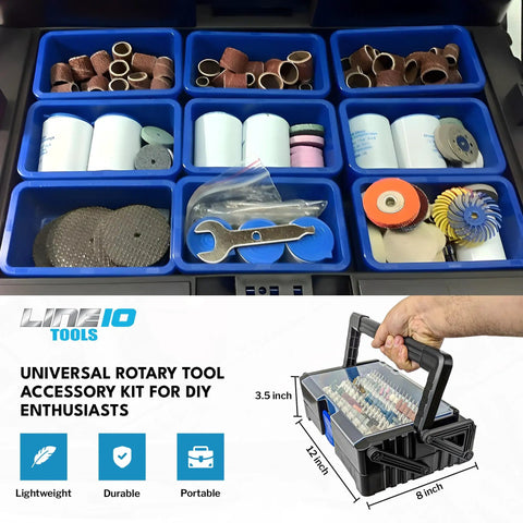 500 Piece Rotary Tool Accessories Kit With Cantilever Organizer Case For DIY Projects Includes Versatile Bits And Attachments Compatible With Dremel And Other Brands All In One For Home Workshops And Easy Access, blue organizer with assorted tools