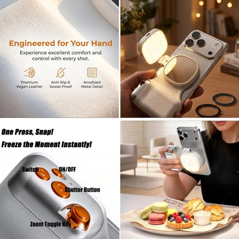 Phone Camera Grip With Light And Wireless Remote, Magnetic Ring, and LED Selfie Light for iPhone and Android in use
