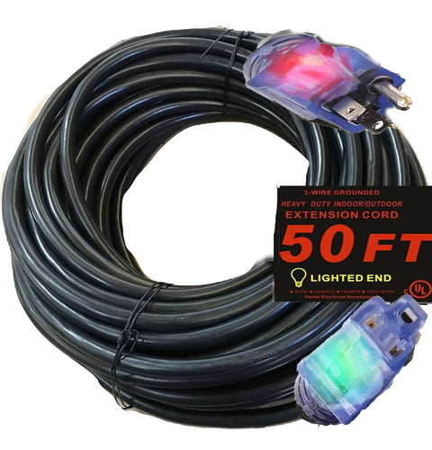 50 Foot 10 Gauge Power Extension Cord With Lighted Ends, 10 3 Contractor Grade Heavy Duty Tough As Nails Indoor Outdoor SJTW, 1875 Watt, 3 Prong, Flexible Copper Black