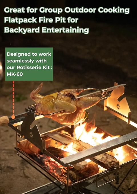 Three In One Flatpack Portable Fire Pit And Grill 16 Inch Heavy Duty Stainless Steel Wood Burning Camping Stove With Adjustable Height, shown with rotisserie chicken cooking on grill.