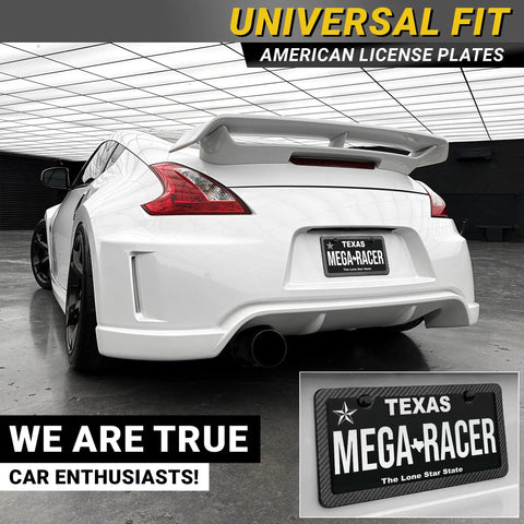 Slick Carbon Fiber License Plate Frame Set With A Dope Slim Profile And Fully Weatherproof Build For Quick Two Hole Universal Front Rear Swap On Your Daily Driver Ride on a white sports car.