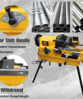 Heavy Duty 220V Electric Pipe Threader Workhorse With Rock Solid Speed Grip Chuck For Cutting One Half To Three Inch Conduits includes gear shift handle.