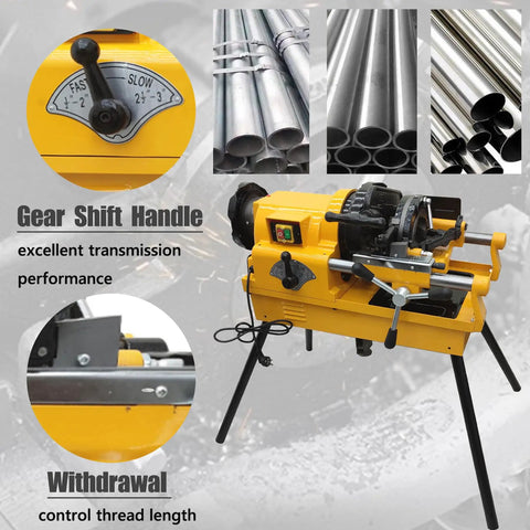 Heavy Duty 220V Electric Pipe Threader Workhorse With Rock Solid Speed Grip Chuck For Cutting One Half To Three Inch Conduits includes gear shift handle.