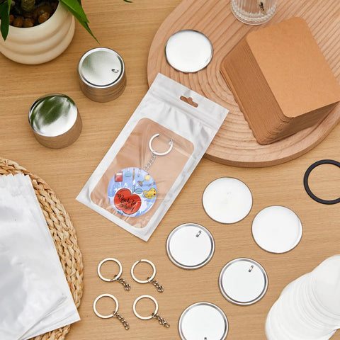 DIY Button Maker Kit For 100 Sets 58mm 2 And A Quarter Inch Includes Metal Shells Plastic Films Backing Parts Bags Cards And Keychains