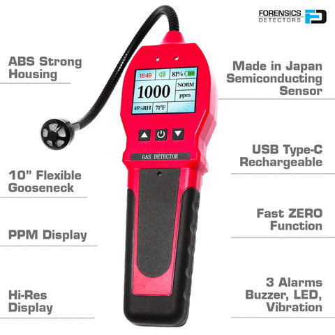 Gas leak detector by Forensics Detectors, red handheld unit with 10-inch flexible gooseneck and USB-C rechargeable