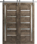 Quadro 4088 Cognac Oak Frosted Glass Double Sliding Barn Door 84x96 Inch With Solid MDF Core And 13 Ft Silver Rail Hardware Kit Included
