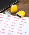 Straight Up Pre Inked Stamp With Sharp Red Ink For Instant On Time Notices Smooth Self Inking Office Staple placed on documents.
