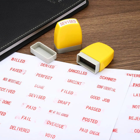 Straight Up Pre Inked Stamp With Sharp Red Ink For Instant On Time Notices Smooth Self Inking Office Staple placed on documents.