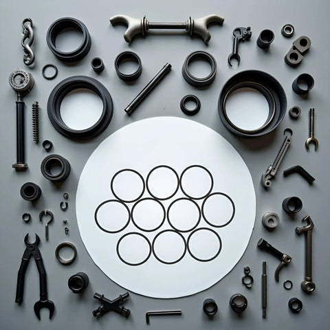 Ten Pack Black Disk Drive Rubber Belts Replacement Kit For Xbox 360 And Rock Tumblers on a white surface with tools surrounding