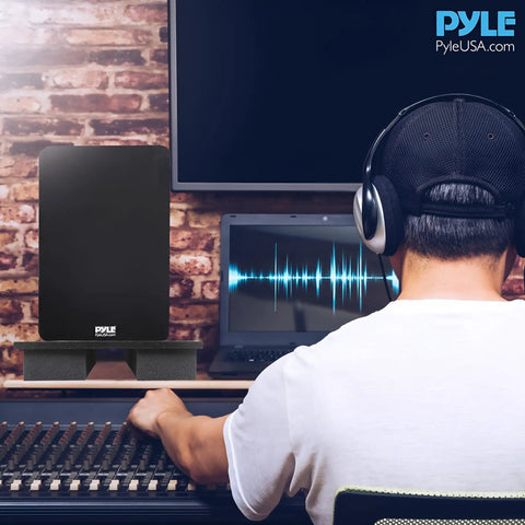 Sound Dampening Speaker Riser Foam Platform Pro Grade for studio monitors in a recording studio setup with engineer.