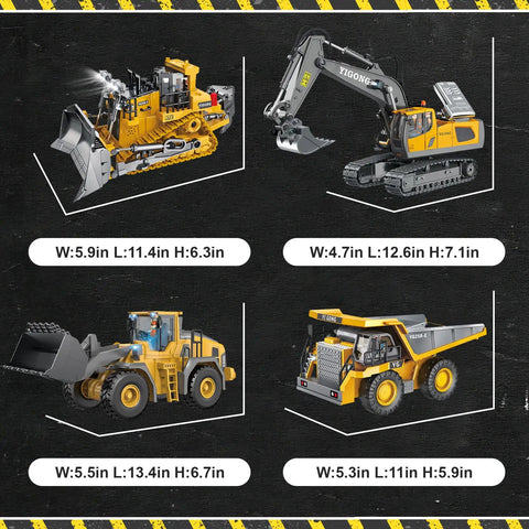 4 In 1 Remote Control Construction Vehicle Set With 11-Channel Excavator, 9-Channel Dump Truck, Bulldozer And Loader, Metal Build, dimensions shown