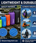 Ultralight Dry Bag Set With Roll Top Closure Waterproof Sacks for Hiking Camping Kayaking, 5Pack sizes on rocky terrain.