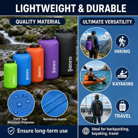 Ultralight Dry Bag Set With Roll Top Closure Waterproof Sacks for Hiking Camping Kayaking, 5Pack sizes on rocky terrain.