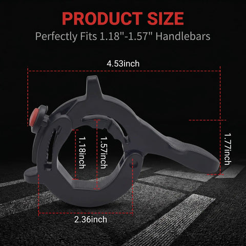 Solid Motorcycle Throttle Cruise Control Lock With Adjustable Abs Mount For 1 2 To 1 5 Inch Tubes showcasing product size details.