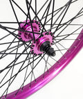 Close-up of Purple 26 Inch Heavy Duty Bike Rim Wheel Set With Double Wall Aluminum Alloy 12 Gauge 48 Spokes. Front hub view.
