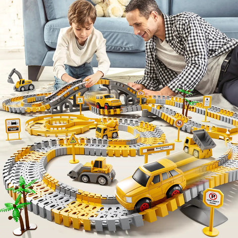 Father and son playing with Construction Race Track Toy Set For Toddlers And Boys 2 To 6 With 200 Flexible Tracks